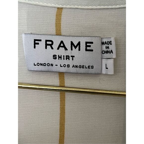 Frame Top Womens Large White Blue Striped Pocket Button Up Shirt Silk Viscose Bl - Picture 3 of 5